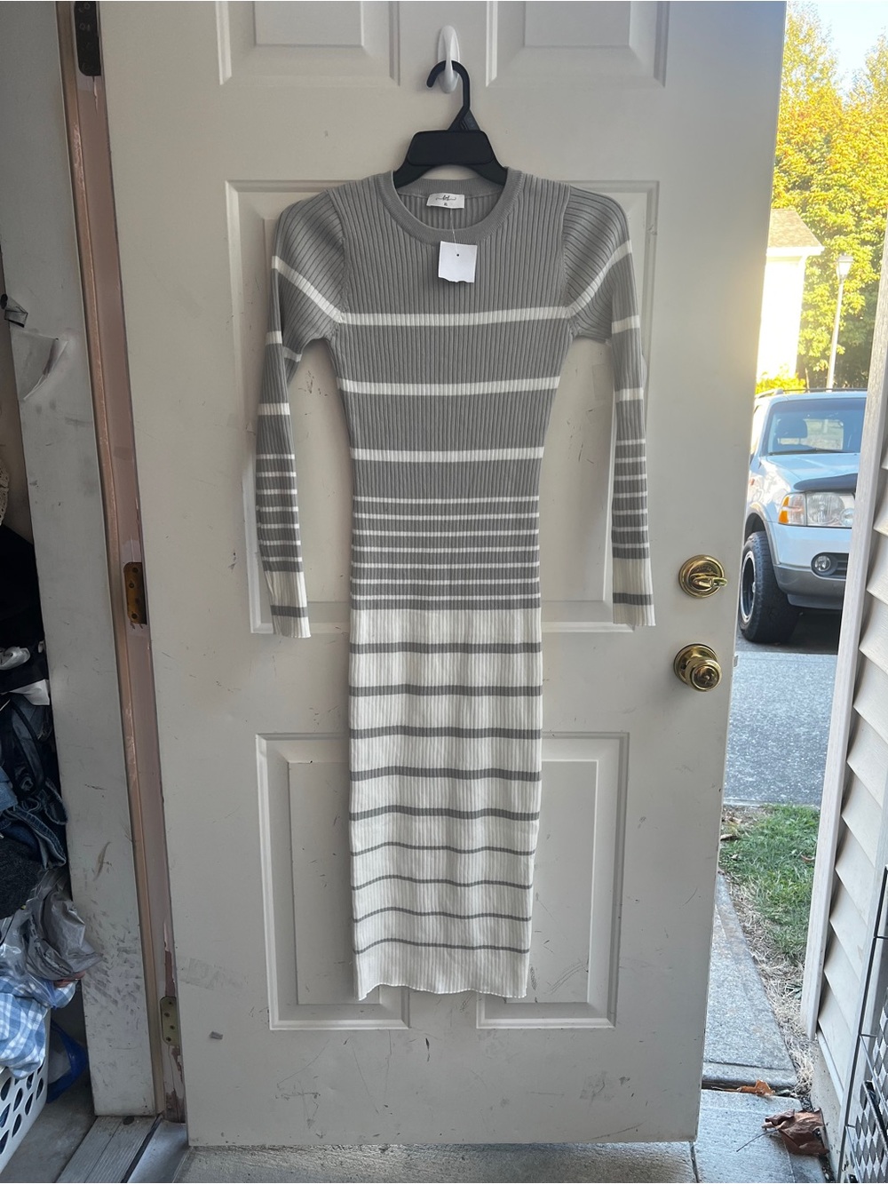 Striped Long Sleeve Ribbed Midi Dress - Gray & White